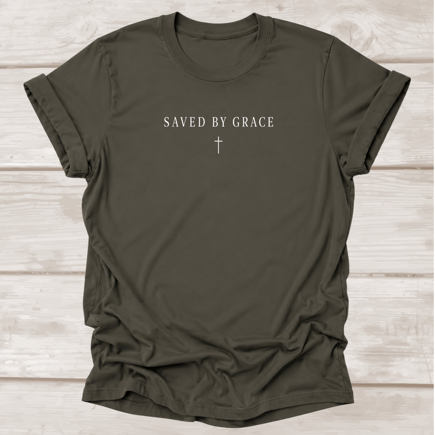 Saved by Grace Ephesians 2:8 Christian T-Shirt in Army Green | Minimalist Cross | BEE Grace-full