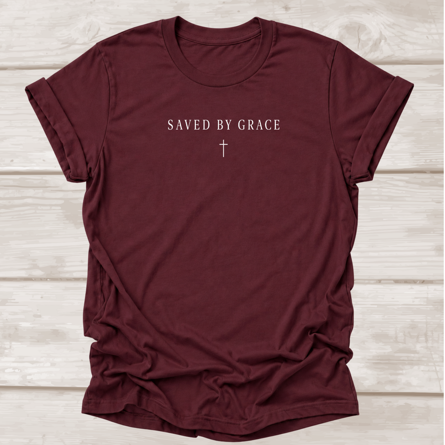 Saved by Grace Ephesians 2:8 Christian T-Shirt in Maroon | Minimalist Cross | BEE Grace-full