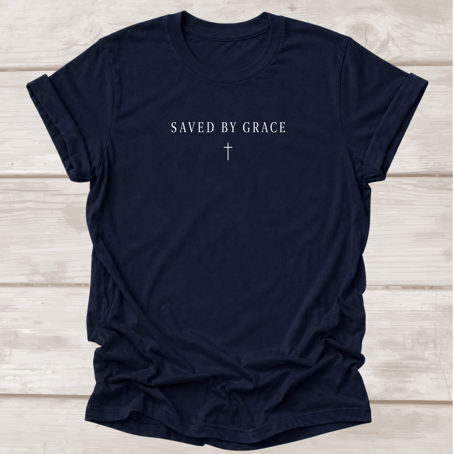 Saved by Grace Ephesians 2:8 Christian T-Shirt in Navy | Minimalist Cross | BEE Grace-full