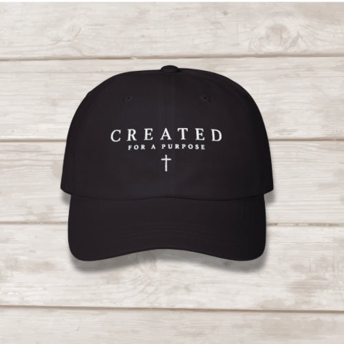 Created For A Purpose embroidered dad cap in black with cross graphic, faith-based hat by BEE Grace-full