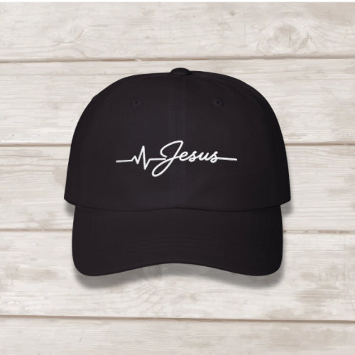 Jesus Is Life heartbeat embroidered dad cap in black, Christian faith hat by BEE Grace-full