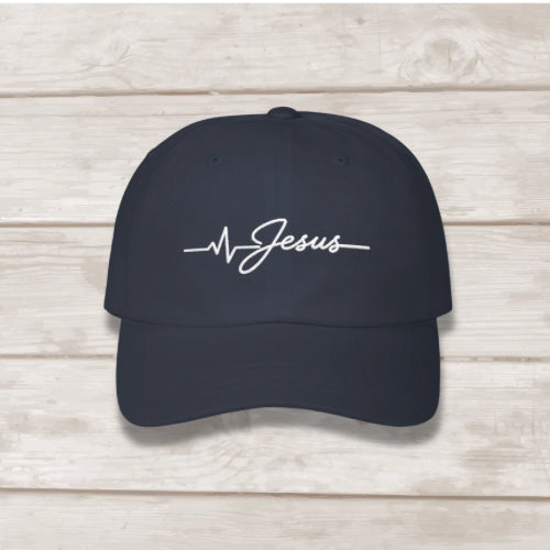 Jesus Is Life heartbeat embroidered dad cap in navy, Christian faith hat by BEE Grace-full