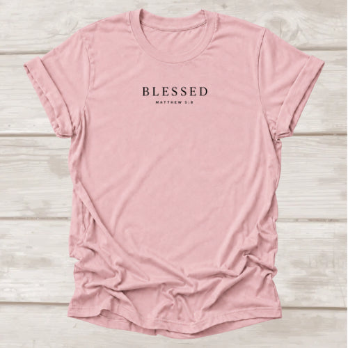 Blessed Matthew 5:8 Christian t-shirt in orchid pink, minimalist faith tee by BEE Grace-full