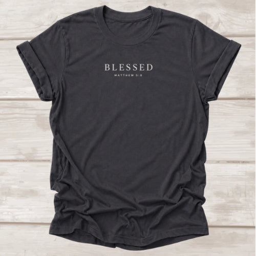 Blessed Matthew 5:8 Christian t-shirt in dark grey, minimalist faith tee by BEE Grace-full