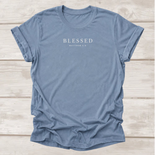 Blessed Matthew 5:8 Christian t-shirt in steel blue, minimalist faith tee by BEE Grace-full