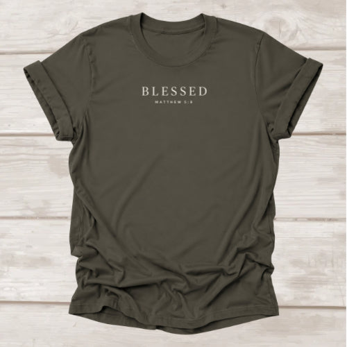 Blessed Matthew 5:8 Christian t-shirt in army green, minimalist faith tee by BEE Grace-full