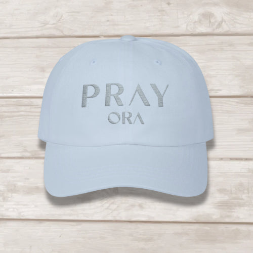 Pray ORA embroidered dad cap in Light Blue — Christian prayer hat by BEE Grace-full