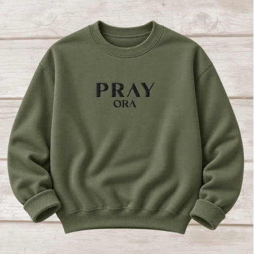 Pray ORA embroidered crewneck sweatshirt in Military Green — Christian prayer sweatshirt by BEE Grace-full
