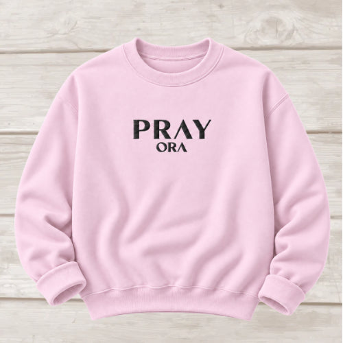 Pray ORA embroidered crewneck sweatshirt in Light Pink — Christian prayer sweatshirt by BEE Grace-ful