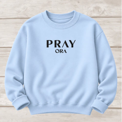 Pray ORA embroidered crewneck sweatshirt in Light Blue — Christian prayer sweatshirt by BEE Grace-full