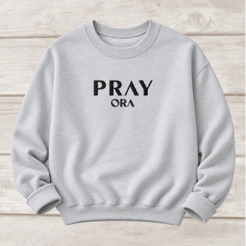 Pray ORA embroidered crewneck sweatshirt in Ash — Christian prayer sweatshirt by BEE Grace-full