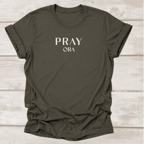 Pray ORA t-shirt in Army — Christian prayer tee by BEE Grace-full