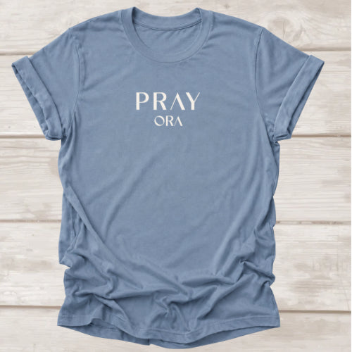 Pray ORA e t-shirt in Steel Blue — Christian prayer tee by BEE Grace-full