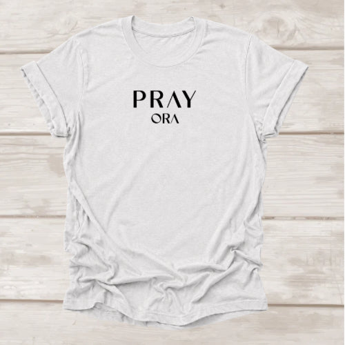 Pray ORA t-shirt in Ash — Christian prayer tee by BEE Grace-full