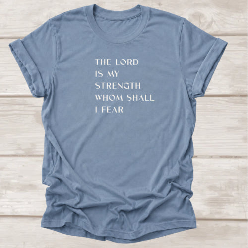 The Lord Is My Strength Whom Shall I Fear t-shirt in Steel Blue — Christian Psalm 27 tee by BEE Grace-full