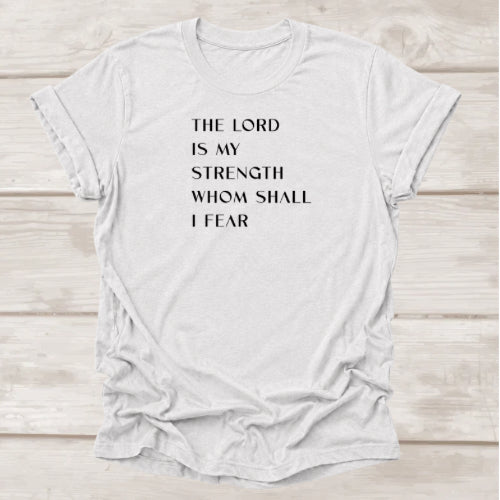 The Lord Is My Strength Whom Shall I Fear t-shirt in Ash — Christian Psalm 27 tee by BEE Grace-full