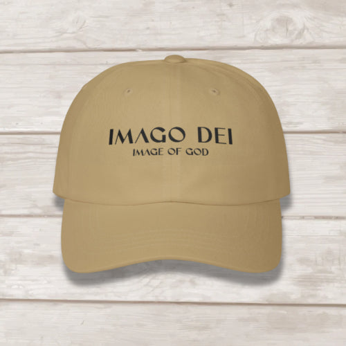Imago Dei embroidered dad cap in Khaki — Genesis 1:27 Christian hat by BEE Grace-full