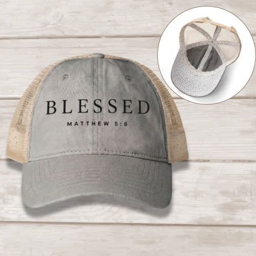 Blessed Matthew 5:8 embroidered women's mesh-back cap in Light Grey Polka Dots — Christian hat by BEE Grace-full