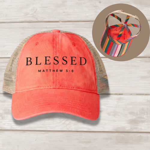 Blessed Matthew 5:8 embroidered women's mesh-back cap in Sherbet Stripes — Christian hat by BEE Grace-full