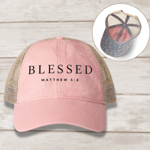 Blessed Matthew 5:8 embroidered women's mesh-back cap in Dusty Pink Floral — Christian hat by BEE Grace-full