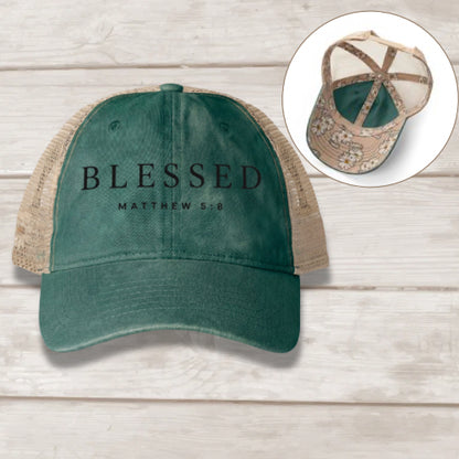 Blessed Matthew 5:8 embroidered women's mesh-back cap in Jade Daisy Khaki — Christian hat by BEE Grace-full