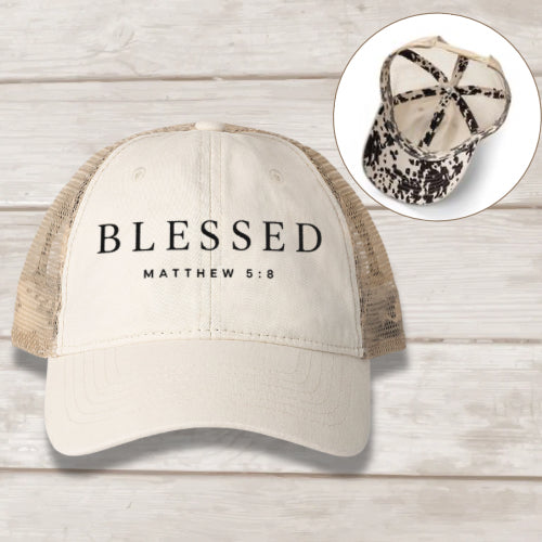 Blessed Matthew 5:8 embroidered women's mesh-back cap in Vanilla Longhorn Khaki — Christian hat by BEE Grace-full