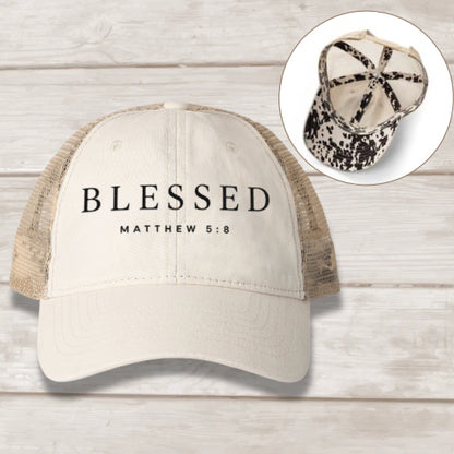 Blessed Matthew 5:8 embroidered women's mesh-back cap in Vanilla Longhorn Khaki — Christian hat by BEE Grace-full