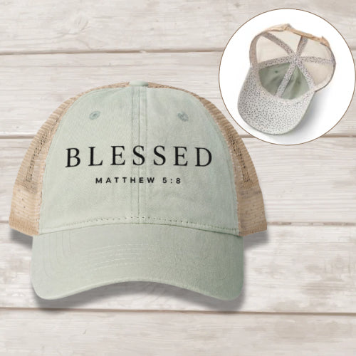Blessed Matthew 5:8 embroidered women's mesh-back cap in Sage Polka Dots — Christian hat by BEE Grace-full