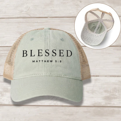 Blessed Matthew 5:8 embroidered women's mesh-back cap in Sage Polka Dots — Christian hat by BEE Grace-full