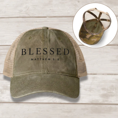 Blessed Matthew 5:8 embroidered women's mesh-back cap in Olive Camo — Christian hat by BEE Grace-full