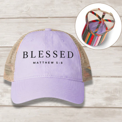 Blessed Matthew 5:8 embroidered women's mesh-back cap in Lavender Stripes — Christian hat by BEE Grace-full