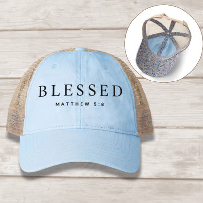Blessed Matthew 5:8 embroidered women's mesh-back cap in Cashmere Blue Floral — Christian hat by BEE Grace-full
