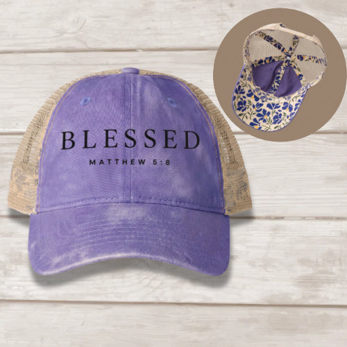 Blessed Matthew 5:8 embroidered women's mesh-back cap in Violet Floral Khaki — Christian hat by BEE Grace-full