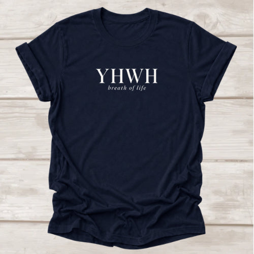 YHWH Breath of Life Christian t-shirt in navy, Genesis 2:7 faith tee by BEE Grace-full