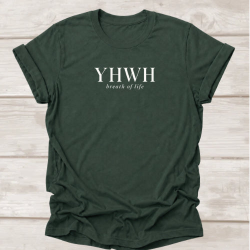 YHWH Breath of Life Christian t-shirt in forest green, Genesis 2:7 faith tee by BEE Grace-full