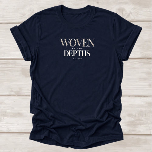 Woven in the Depths Psalm 139:15 Christian t-shirt in navy, faith scripture tee by BEE Grace-full